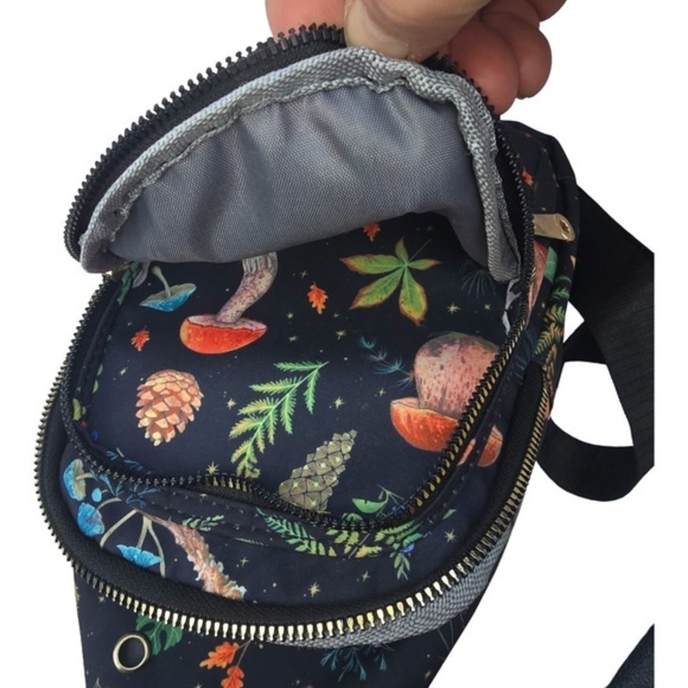 Mushroom Print Crossbody Bag Jingpin‎ Nylon Black Adjustable Strap Zipper - Picture 6 of 8